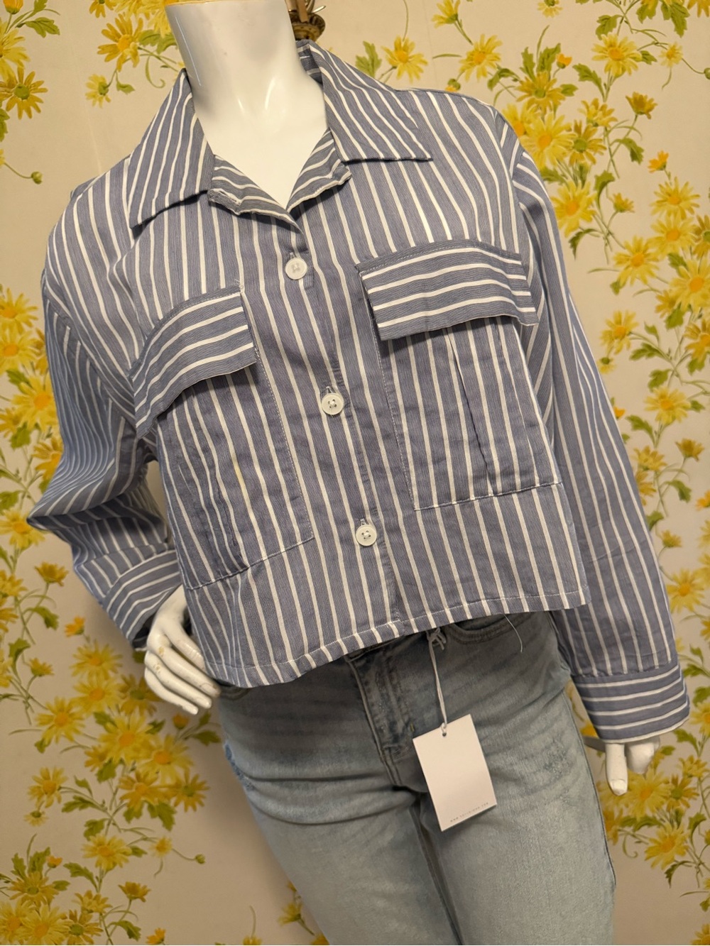Lily Star Blue and White Striped Button-Front Crop Shirt size L
